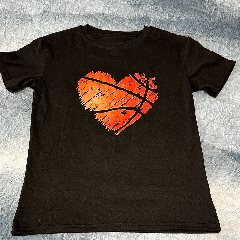 110. SHEIN Black Tee with Vibrant Orange Heart
